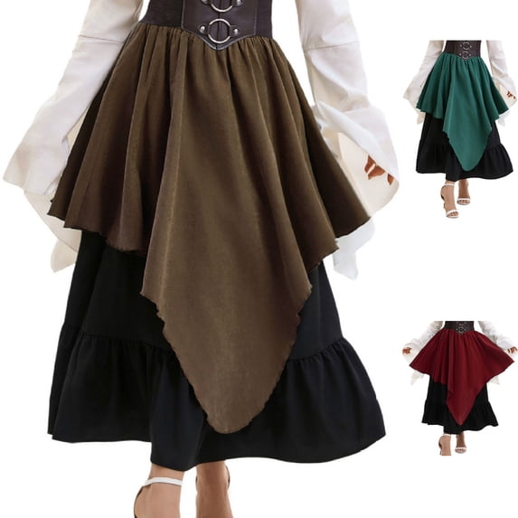 Womens Renaissance Skirt Medieval Costume Gothic Pirate Steampunk Wench High Low Layered Ruffle Hem Skirts for Halloween Cosplay, Brown, XXL