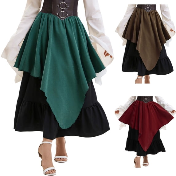 Womens Renaissance Skirt Medieval Costume Gothic Pirate Steampunk Wench High Low Layered Ruffle Hem Skirts for Halloween Cosplay, Green, XL