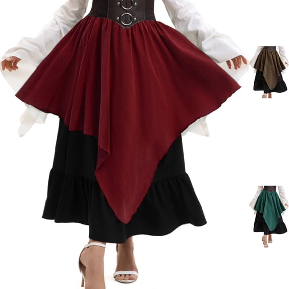 Womens Renaissance Skirt Medieval Costume Gothic Pirate Steampunk Wench High Low Layered Ruffle Hem Skirts for Halloween Cosplay, Wine, XXL