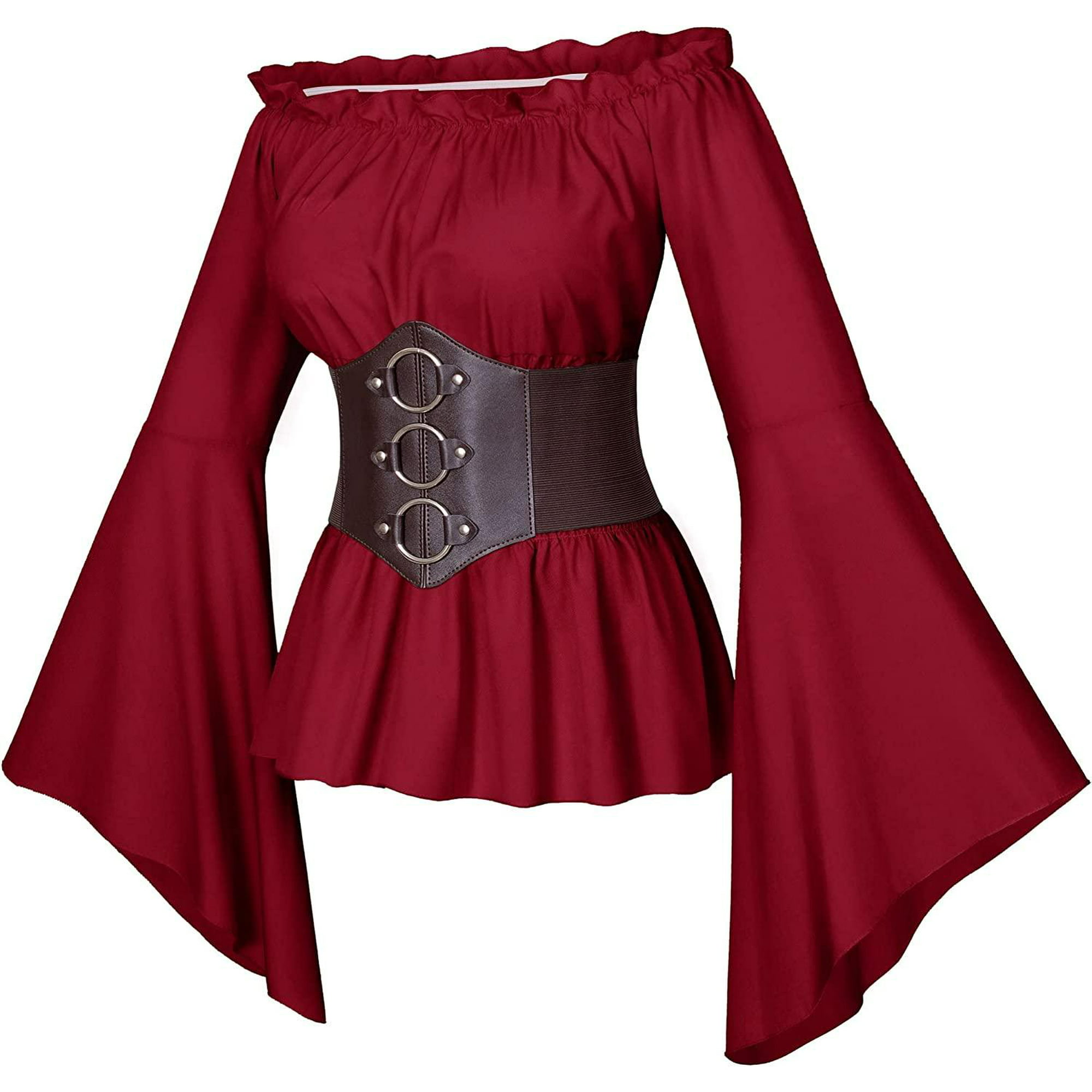 LAIBMFC Womens Renaissance Victorian Peasant Ruffle Smocked Waist Boho Pirate Shirt Blouse with Belt Set, Women's, Size: Large, Red