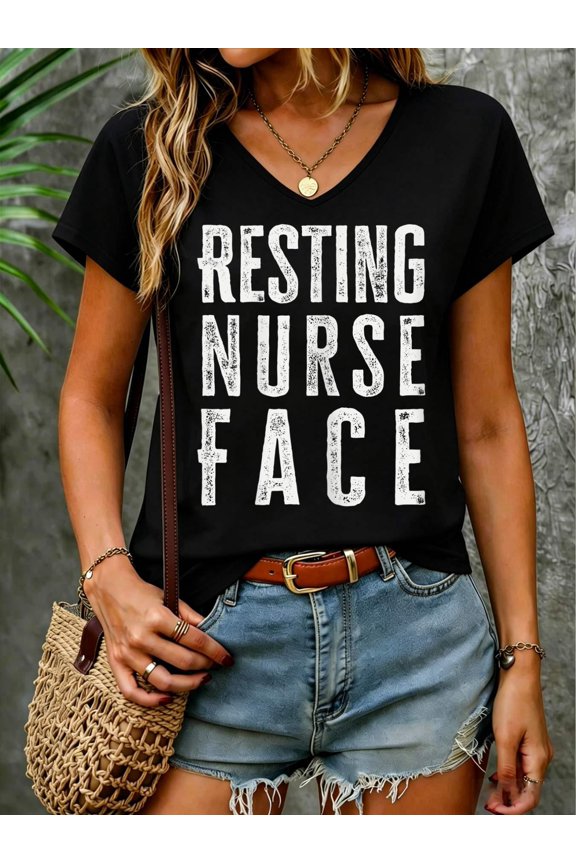 Womens Resting Nurse Face Funny Nurse Saying V-NeckGraphic Tee Cotton Women Casual Short Sleeve Shirt,Vacation Outfit T-Shirt
