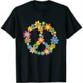 thumbnail image 1 of Womens Retro 60S 70S Cute Flower Peace Sign Hippie Symbol Graphic V-Neck T-Shirt Black Small, 1 of 5