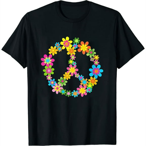 Womens Retro 60S 70S Cute Flower Peace Sign Hippie Symbol Graphic V-Neck T-Shirt Black Small