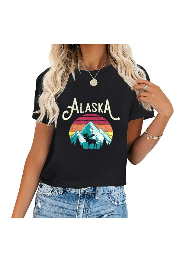 Womens Retro Alaska, Ak Juneau Mountains Wildlife Moose T-Shirt