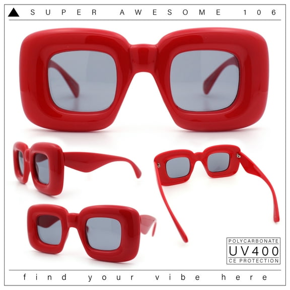 Womens Retro Ballon Bubble Super Thick Rectangle Retro Sunglasses Red - Black