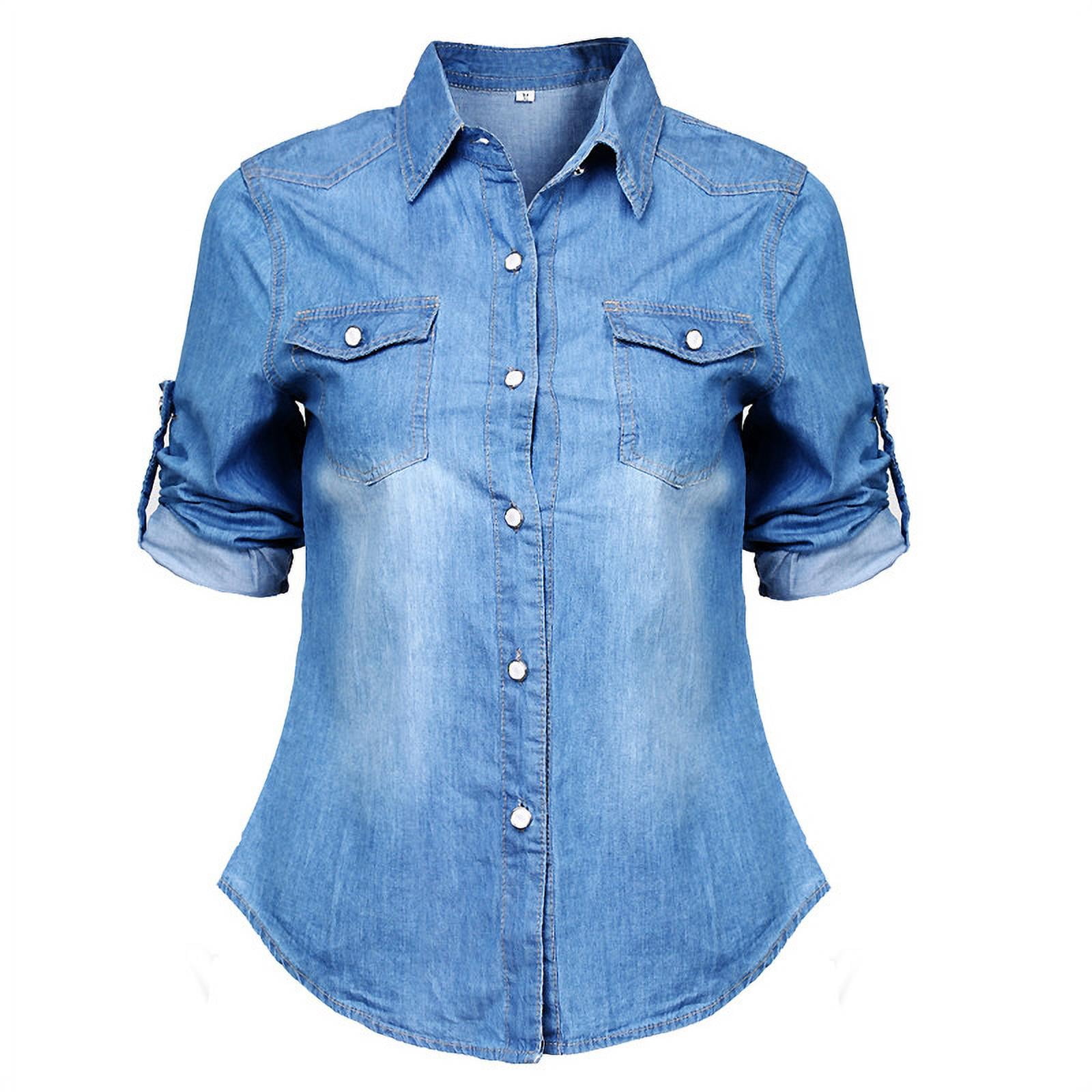 Womens Retro Blue Jean Soft Denim Long Sleeve Casual Shirt Tops Blouse ...