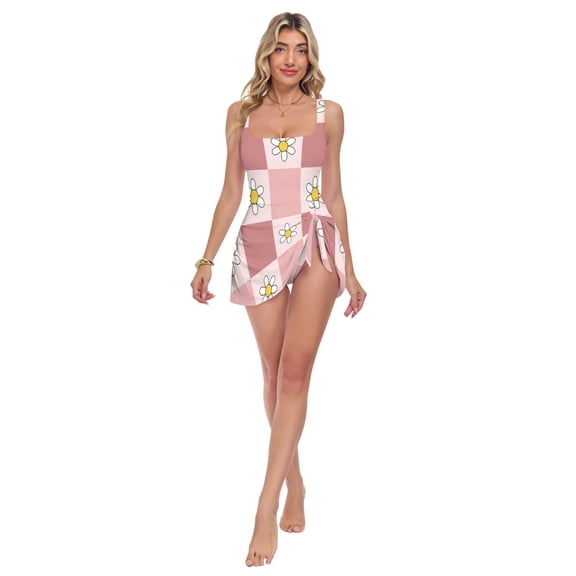 Womens Retro Blush Checkered Daisy Print 2-in-1 Swim Dress Detachable Skirt One-Piece Swimsuit Square Neck S-XXL