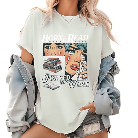 Womens Retro Born to Read Forced to Work Acotar Graphic Tees Funny Book Addic Pattern Tops for Daily Outfits White,L