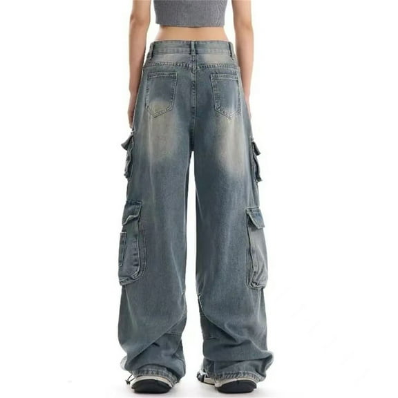 Womens Retro Cargo Jeans,Loose Fit Straight Leg Denim Pant with Multiple Pockets,Streetwear Style Wide Leg Overlength Pants,Vintage Industrial Chic Jeans for Women,Comfortable Dragging Length Trouser