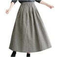 thumbnail image 1 of Womens Retro Checkered Linen Cotton Stretchy Waist Plaid Pleated Long Skirts with Pockets, 1 of 6