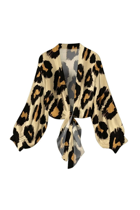 Womens Retro Chiffon Cardigans Tie Front Elegant Sheer Cardigan Cover Ups Lightweight Lantern Sleeve Shirt Tops Khaki, M