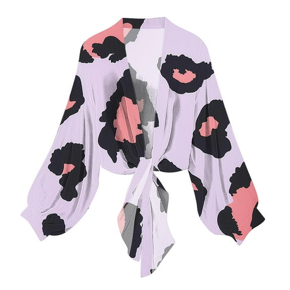 Womens Retro Chiffon Cardigans Tie Front Elegant Sheer Cardigan Cover Ups Lightweight Lantern Sleeve Shirt Tops Purple, S