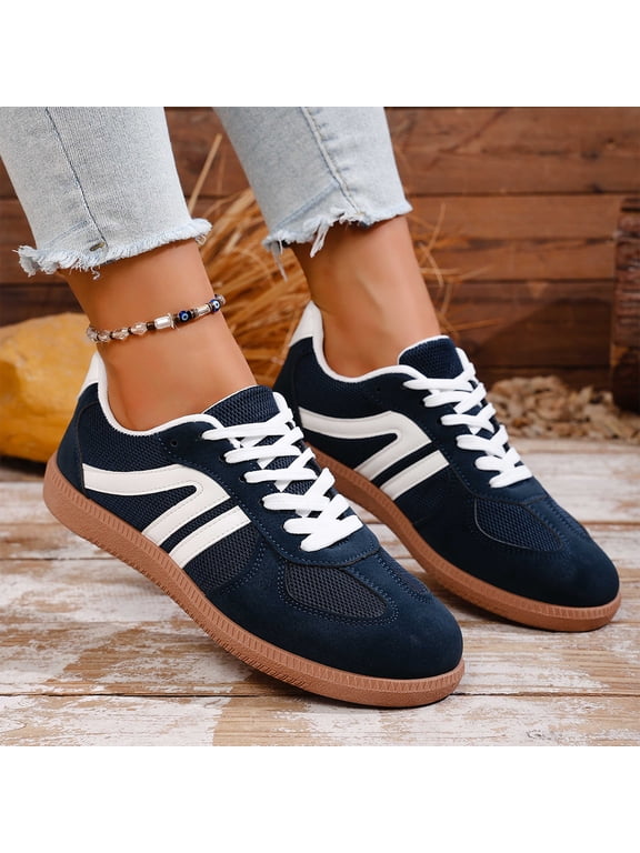 Womens Retro Colorblock Sneakers Vintage Flat German Army Trainers Casual Lace Up Athletic Shoes for Daily Walking