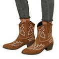 thumbnail image 1 of Womens Retro Cowboy Boots Vintage Suede Embroidered Wide Mid Calf Cowgirl Boots Chunky Heel Slip on Short Dress Booties for Winter Fall Brown Size 9, 1 of 6