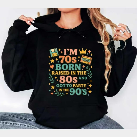 Womens Retro Decades Graphic Hoodie Vintage Pullover Cotton Casual Hooded long-sleeved Black S-2XL