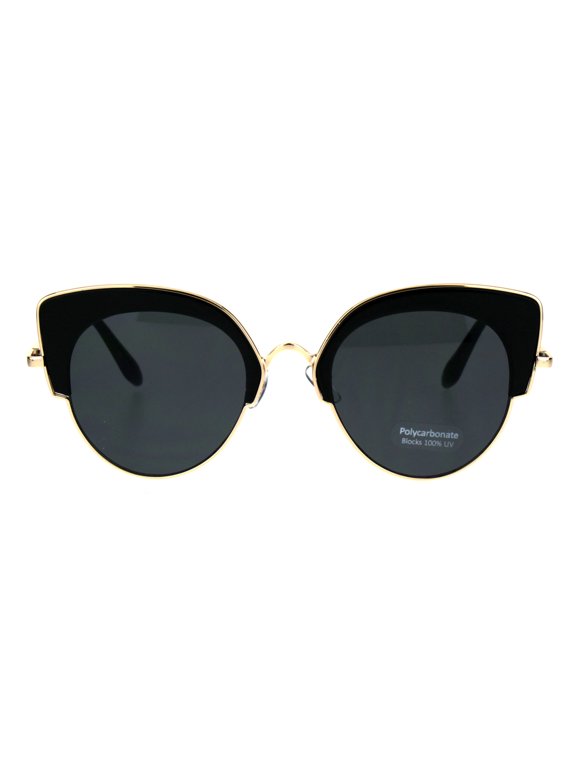 Womens Retro Designer Fashion Half Rim Cat Eye Mod Sunglasses All Black