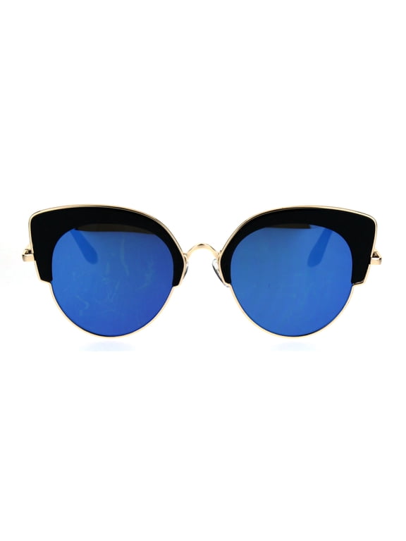 Womens Retro Designer Fashion Half Rim Cat Eye Mod Sunglasses Black Blue
