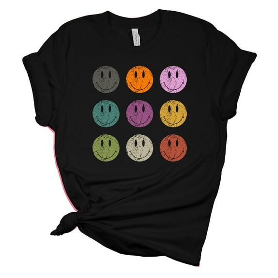 Womens Retro Distressed Happy Face Smile Repeat Unisex Fit Short Sleeve T-shirt Graphic Tee-Black-5xl