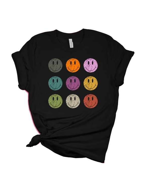 Womens Retro Distressed Happy Face Smile Repeat Unisex Fit Short Sleeve T-shirt Graphic Tee-Black-medium