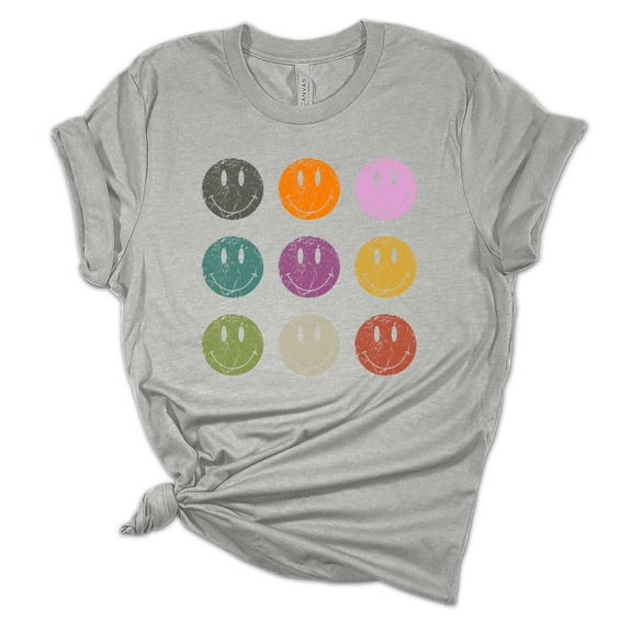 Womens Retro Distressed Happy Face Smile Repeat Unisex Fit Short Sleeve T-shirt Graphic Tee-Sports Grey-xl
