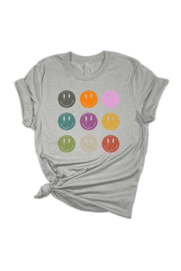 Womens Retro Distressed Happy Face Smile Repeat Unisex Fit Short Sleeve T-shirt Graphic Tee-Sports Grey-xl