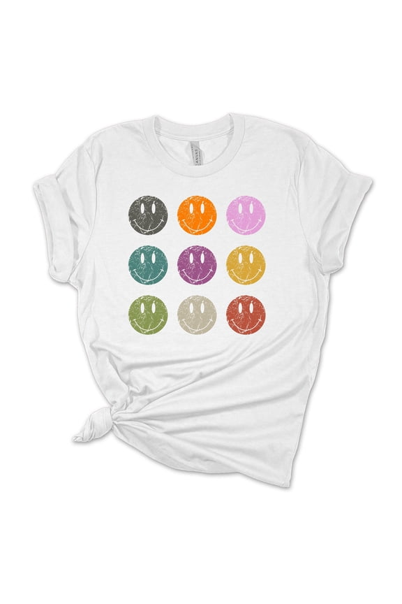 Womens Retro Distressed Happy Face Smile Repeat Unisex Fit Short Sleeve T-shirt Graphic Tee-White-medium