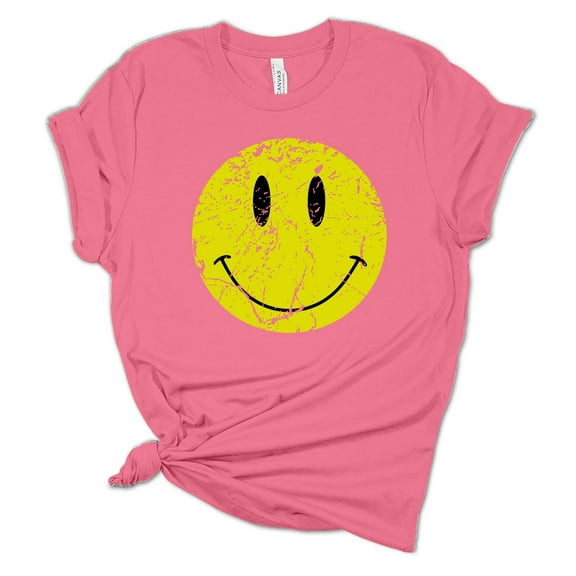 Womens Retro Distressed Happy Face Smile Unisex Fit Short Sleeve T-shirt Graphic Tee-Pink-4xl