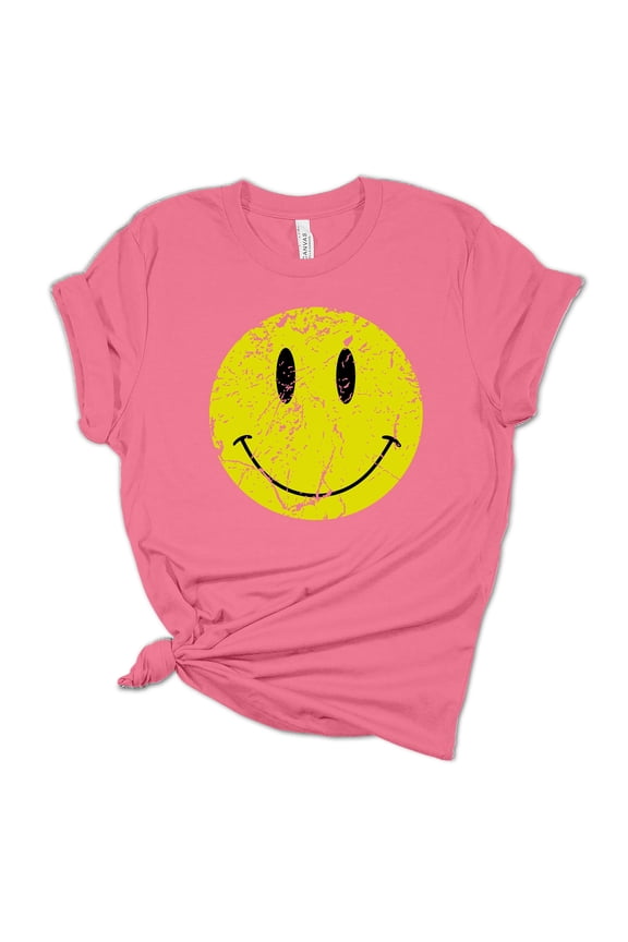 Womens Retro Distressed Happy Face Smile Unisex Fit Short Sleeve T-shirt Graphic Tee-Pink-medium