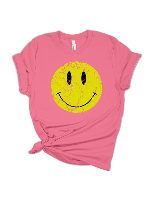 Womens Retro Distressed Happy Face Smile Unisex Fit Short Sleeve T-shirt Graphic Tee-Pink-medium