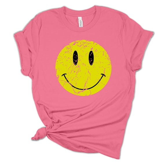 Womens Retro Distressed Happy Face Smile Unisex Fit Short Sleeve T-shirt Graphic Tee-Pink-xxl