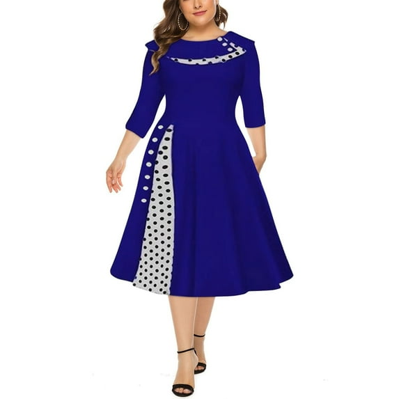 Womens Retro Elegant Swing Dress Polka Dots Patchwork 50s Collar Long Sleeve Pleated A Line Cocktail Party Dress (Medium, Blue)