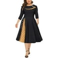 thumbnail image 1 of Womens Retro Elegant Swing Dress Polka Dots Patchwork 50s Collar Long Sleeve Pleated A Line Cocktail Party Dress (Small, Black), 1 of 5