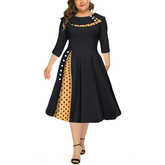 Womens Retro Elegant Swing Dress Polka Dots Patchwork 50s Collar Long Sleeve Pleated A Line Cocktail Party Dress (Small, Black)
