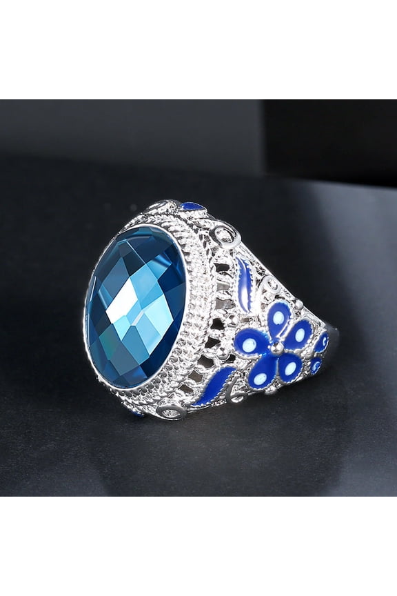 Womens Retro Emerald Agate Ring Silver Plated Copper Inlaid Colorful Flowers Gemstone Jewelry Size 7 8 9 Color