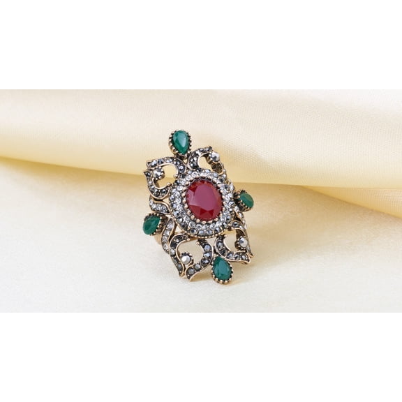 Womens Retro Flower Jewel Ring Alloy Electroplated European American Fashion Accessory Midi Ring Gold Blue Red