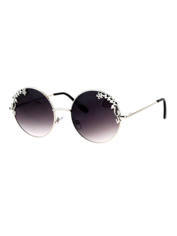 Womens Retro Foliage Jewel Trim Round Circle Lens Hippie Sunglasses Silver Smoke