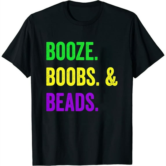 Womens Retro Funny Booze Boobs Beads Mardi Gras New Orleans Long Sleeve T-Shirt Black X-Large