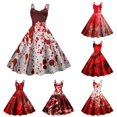 thumbnail image 1 of Womens Retro Halloween Print Casual Long Dress - Funny Graphic Strap Sundress for Party Vacation, 1 of 4