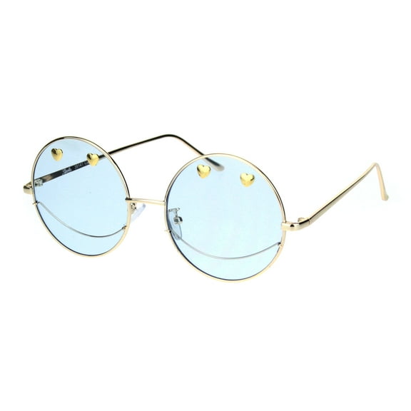 Womens Retro Heart Stud Smiley Face Hippie Metal Rim Sunglasses Gold Blue