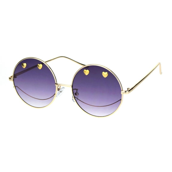 Womens Retro Heart Stud Smiley Face Hippie Metal Rim Sunglasses Gold Purple