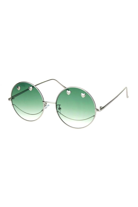 Womens Retro Heart Stud Smiley Face Hippie Metal Rim Sunglasses Silver Green