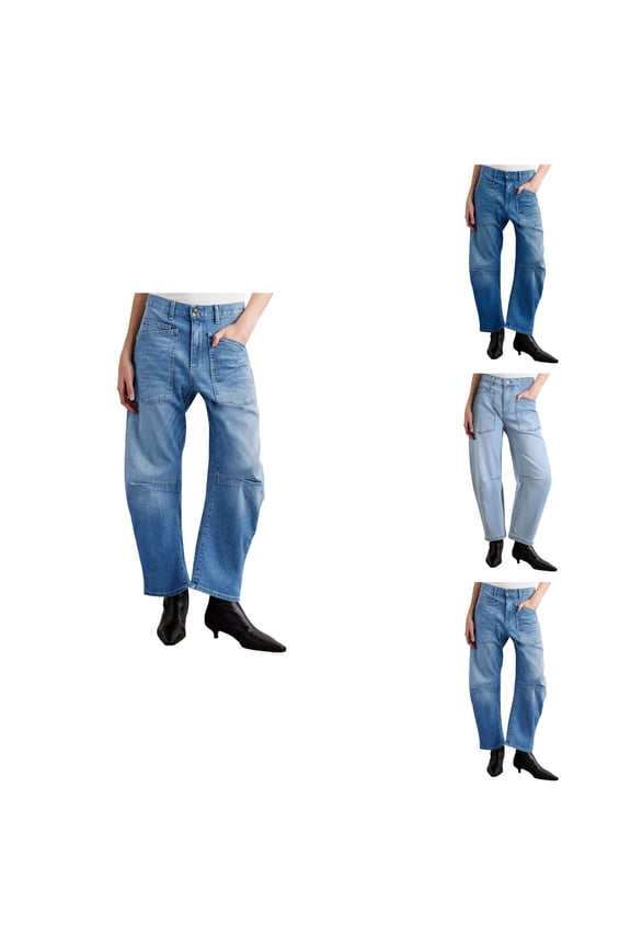 Womens Retro High Waisted Wide Leg Barrel Jeans Washed Vintage Denim with Curved Horseshoe Seams, Front Patch Pockets & Deconstructed Tooling