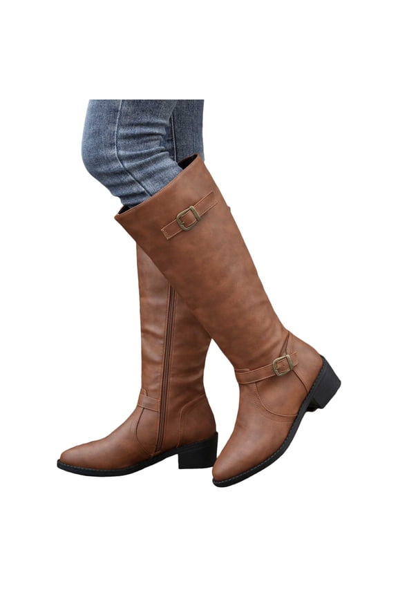 Womens Retro Leather Knee High Riding Boots Pointed Toe Comfortable Wide Calf Tall Fall Booties with Belt Buckle