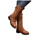 thumbnail image 1 of Womens Retro Leather Spliced Mid Calf Combat Boots Lace Up Metal Buckle Straps Wide Calf Motorcycle Riding Boots, 1 of 7