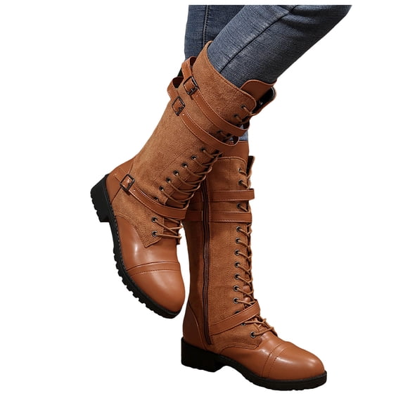Womens Retro Leather Spliced Mid Calf Combat Boots Lace Up Metal Buckle Straps Wide Calf Motorcycle Riding Boots