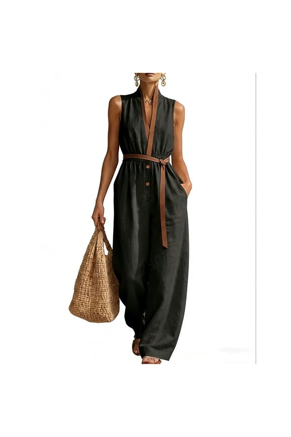 Womens Retro Linen Jumpsuits Sleeveless Color Block Plunge Rompers Wide Leg Vacation Trendy Jumpsuit Black, L