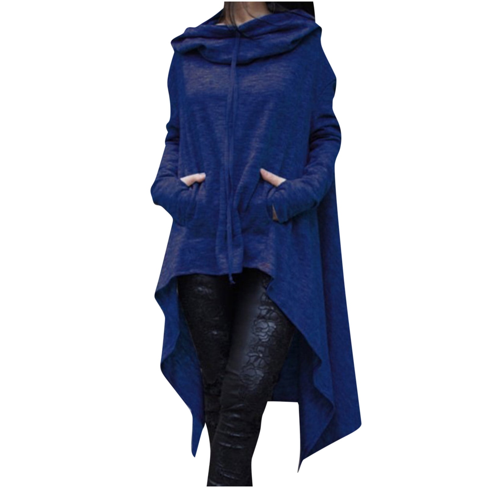 Womens Retro Long Hoodie Asymmetrical High Low Hem Full Sleeve Cowl Hooded Neck Drawstring Loose Sweatshirt Outwear (3X-Large, Blue)