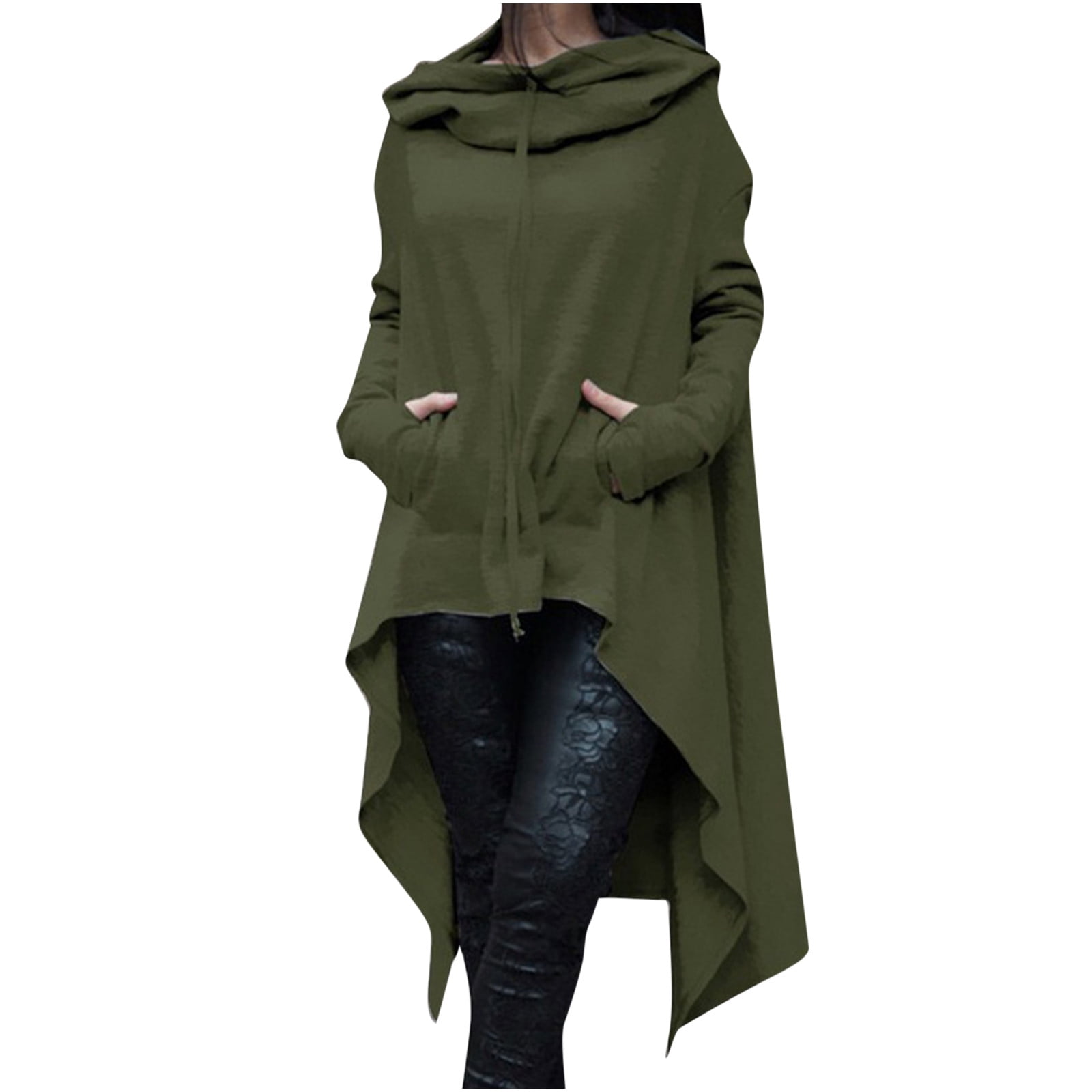Womens Retro Long Hoodie Asymmetrical High Low Hem Full Sleeve Cowl Hooded Neck Drawstring Loose Sweatshirt Outwear (Large, Army Green)