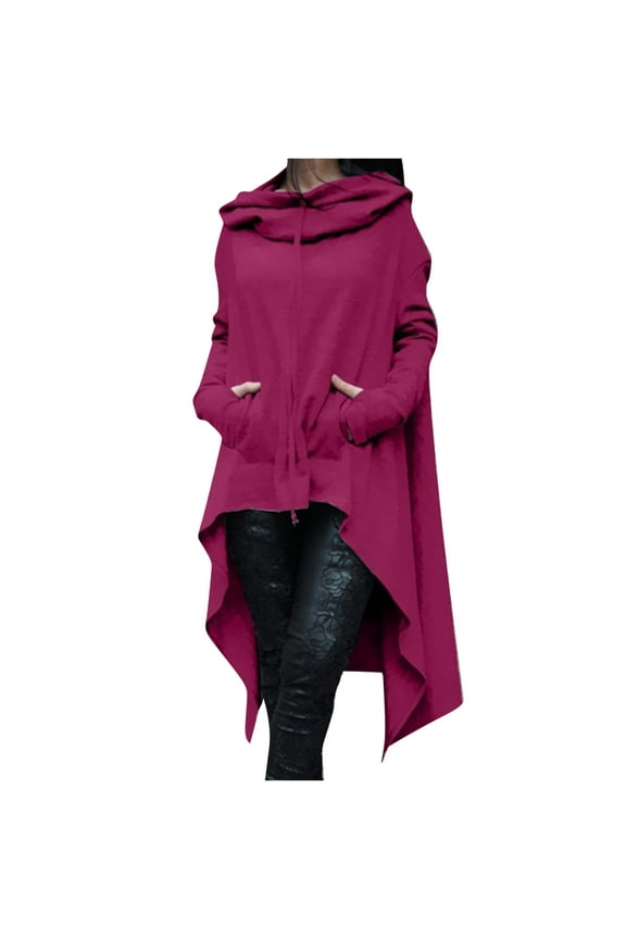 Womens Retro Long Hoodie Asymmetrical High Low Hem Full Sleeve Cowl Hooded Neck Drawstring Loose Sweatshirt Outwear (Small, Hot Pink)