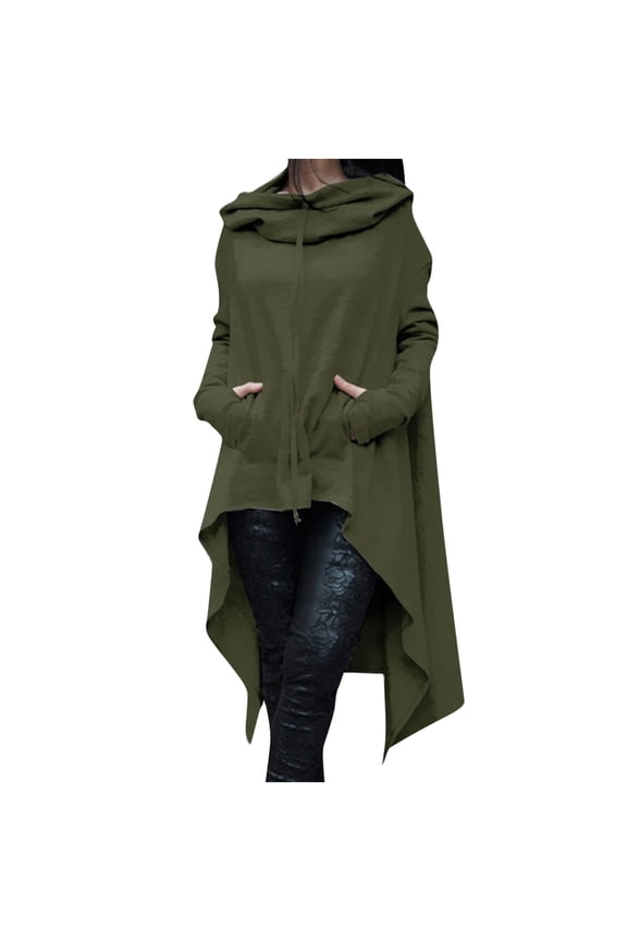 Womens Retro Long Hoodie Asymmetrical High Low Hem Full Sleeve Cowl Hooded Neck Drawstring Loose Sweatshirt Outwear (X-Large, Army Green)